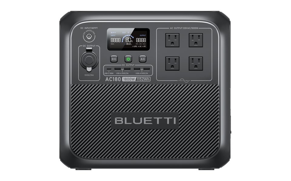 BLUETTI AC180, front view with its outlets and display