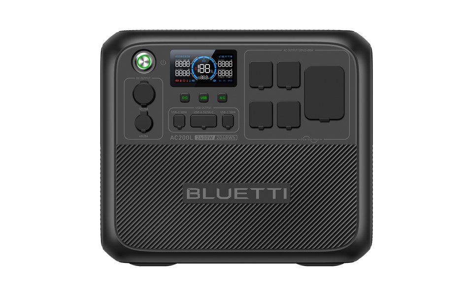 BLUETTI AC200L, front view with its display and outlets