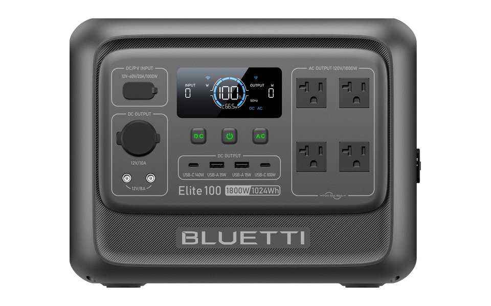 BLUETTI Elite 100 V2, front view with its outlets and display
